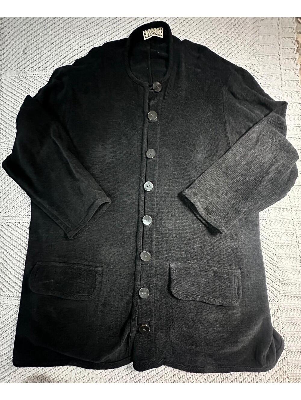 Su-Zen lagenlook Mid Length Sweater Cardigan Jacket One Size Black Cotton Art